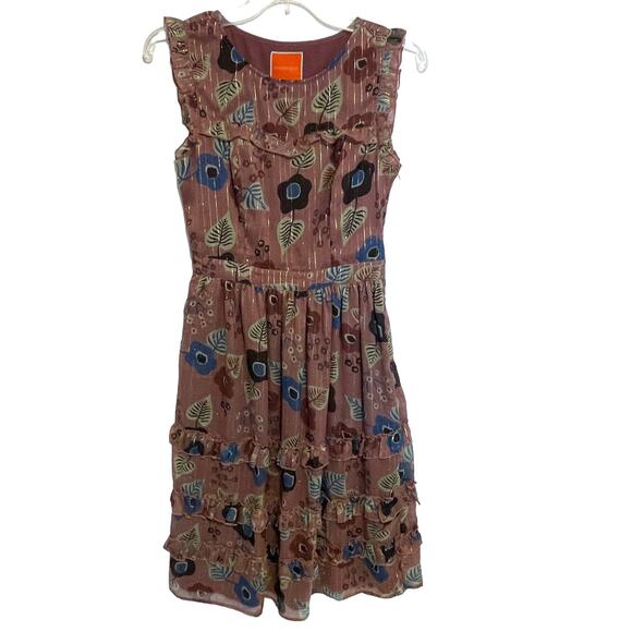 Modcloth Ruffled Floral Midi Dress Womens Small Mauve Purple Metallic Tiered - Picture 2 of 13